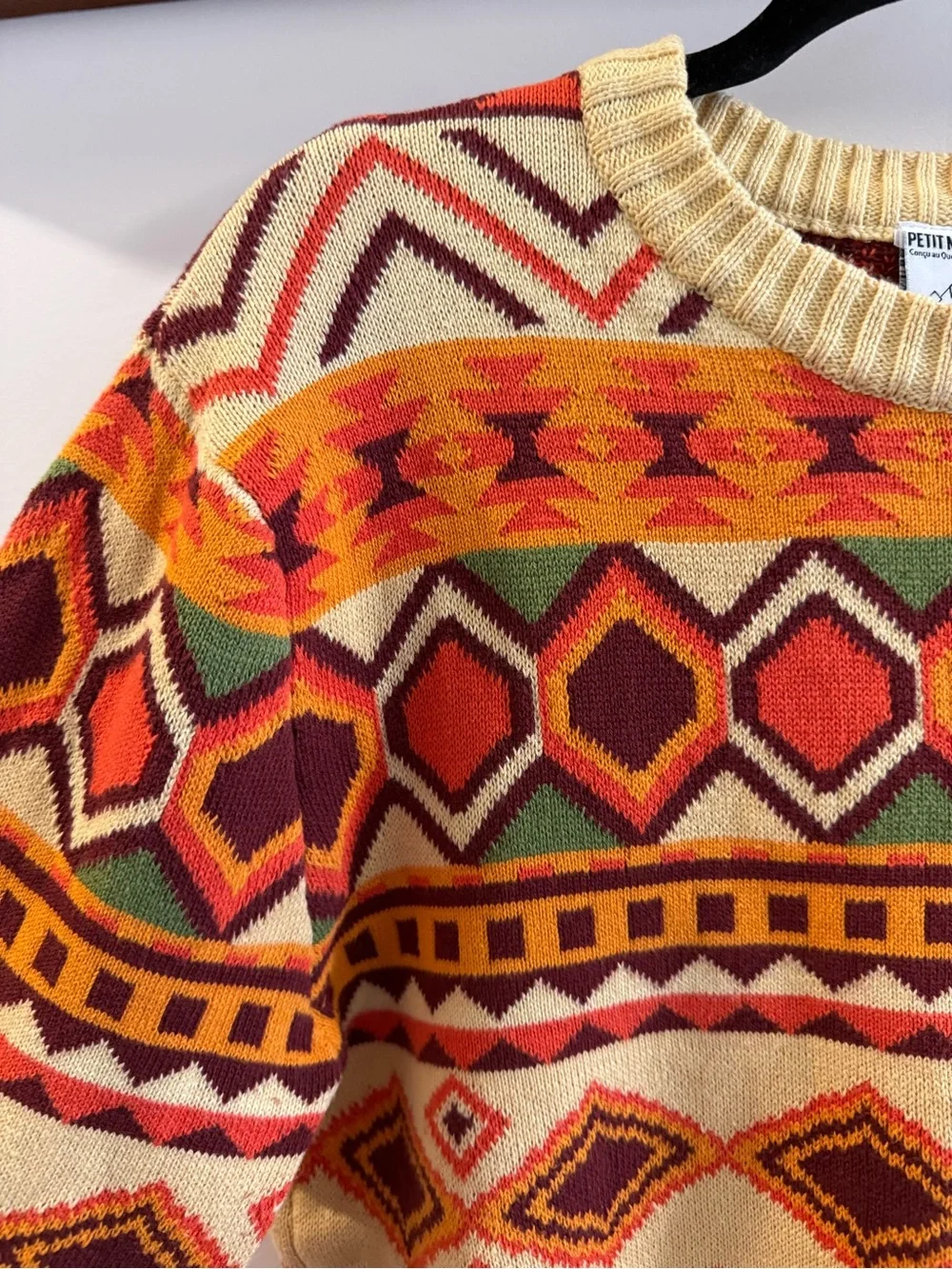 Crewneck Geometric Pattern Sweater in Red, Orange & Cream - Picture 3 of 6